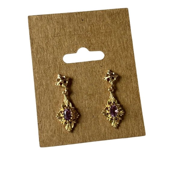 14K Earrings Gold Amethyst Filigree Drop Dangle Vintage Art Deco Signed CU - Picture 6 of 8